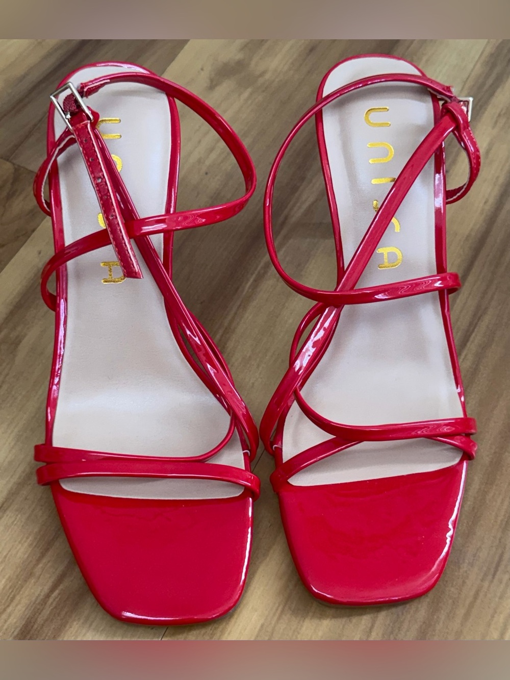 Unisa Glossy Red Strappy Square-Toe Heels - 6